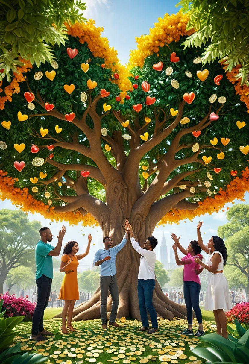 A warm and inviting scene depicting diverse individuals coming together in a supportive environment, surrounded by symbols of wealth creation, such as money trees and coins. Include elements of love, like heart shapes and helping hands, alongside logos of charitable organizations. The background should be bright and uplifting, emphasizing hope and unity. super-realistic. vibrant colors. 3D.