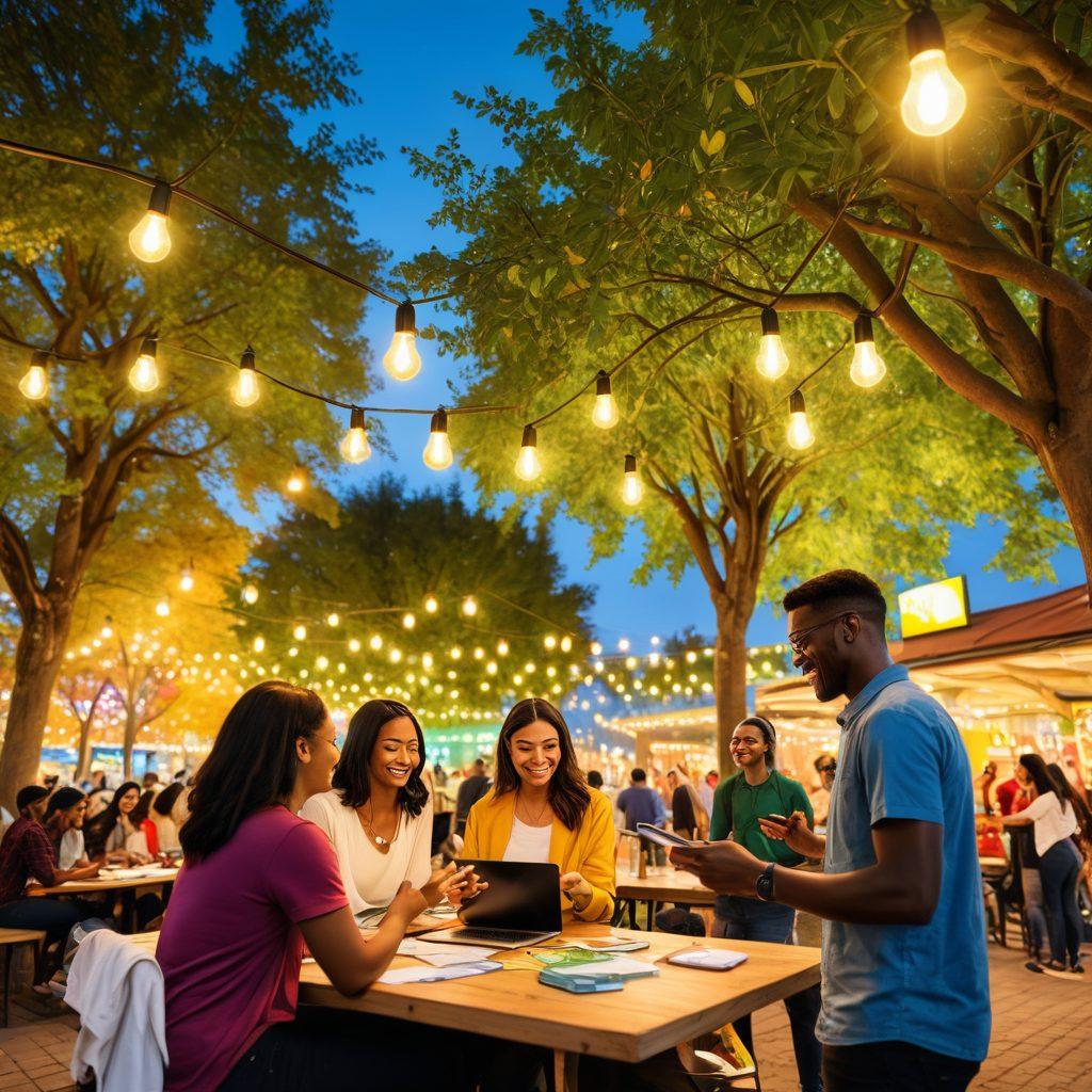 A diverse group of people joyfully exchanging cash and ideas in a vibrant urban park, surrounded by symbols of prosperity like growing trees, open books, and lightbulbs. Incorporate elements of technology, such as a laptop and smartphone, to symbolize online opportunities. Bright, engaging colors fill the scene, emphasizing optimism and community support. super-realistic. vibrant colors. urban setting.